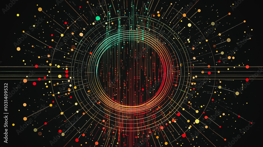 Obraz premium Abstract black background with Colorful circle lines. Digital future technology . Abstract business connection of lines from nodes innovation of communication in the network.
