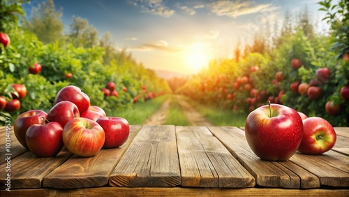 red apples on an empty wooden table with apple farm background