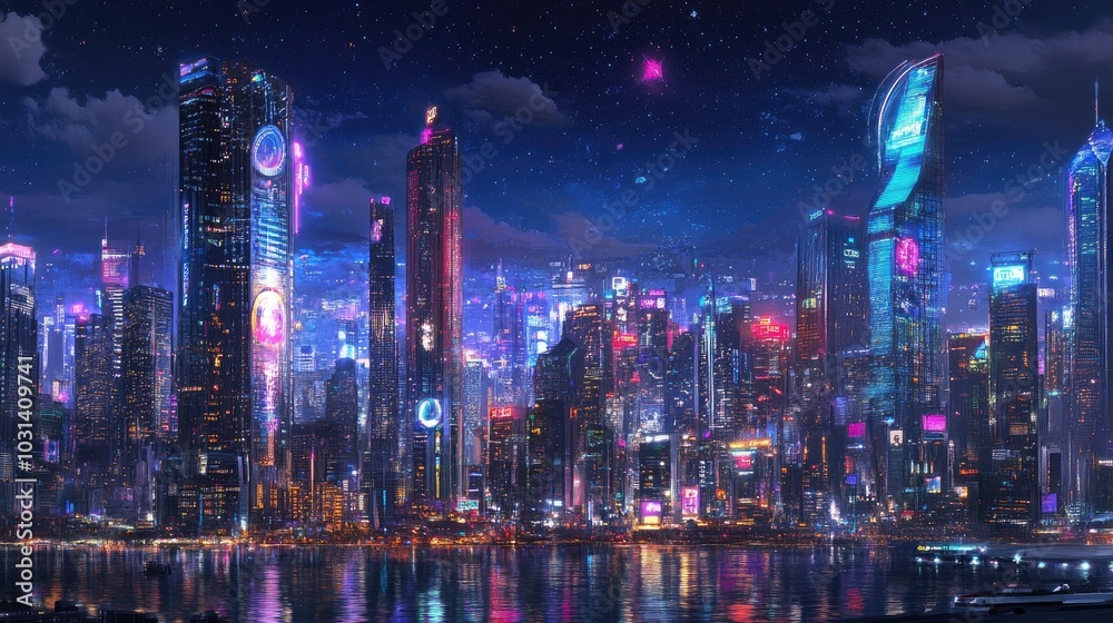Obraz premium Futuristic City Skyline Glowing with Neon Lights Reflecting in Water at Night