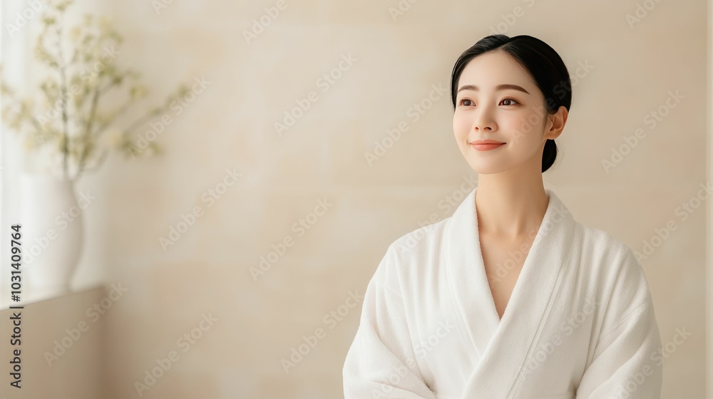 Elegant Asian woman standing at bathroom sink gently massaging moisturizer into her glowing radiant skin after cleansing in a peaceful serene setting with natural lighting Elegant Asian woman standing at bathroom sink gently massaging moisturizer into her glowing radiant skin after cleansing in a peaceful serene setting with natural lighting