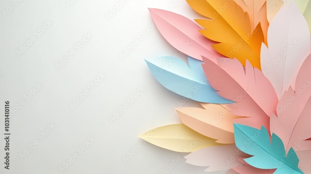 Fototapeta premium Colorful paper feathers arranged on a light background, perfect for creative designs.