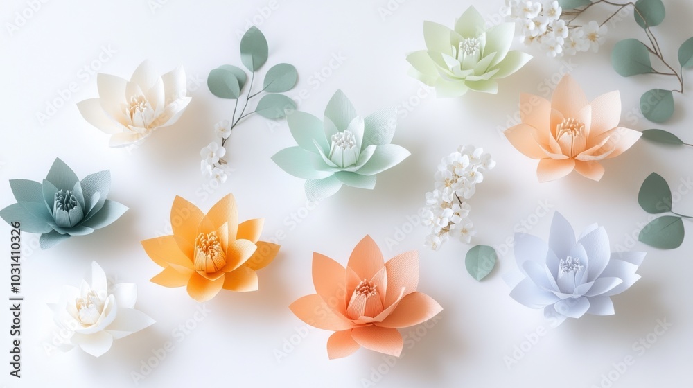 Obraz premium Colorful paper flowers arranged artistically on a white background.