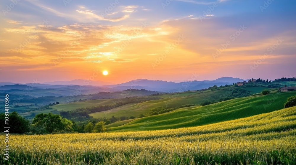 Obraz premium Golden Sunset Over Rolling Green Hills, Serene Landscape with Vibrant Colors, Breathtaking View of Nature