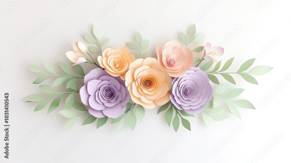 Colorful paper flowers with leaves on a white isolate background. Colorful paper flowers with leaves on a white isolate background.