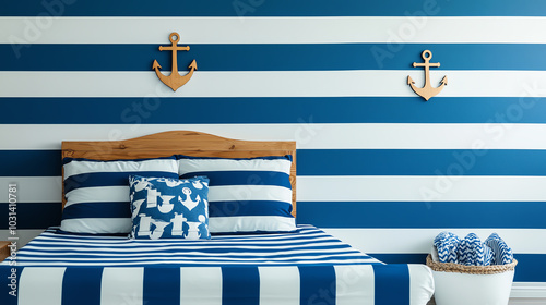 Nautical themed bedroom with striped decor photo