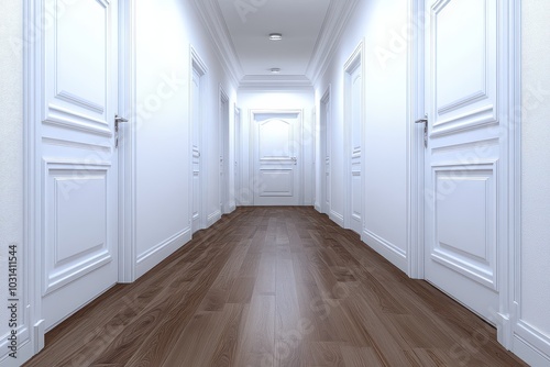 White Hallway With Wooden Floor.