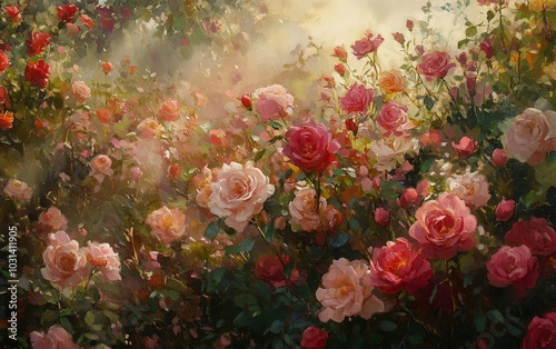 Fototapeta Naklejka Na Ścianę i Meble -  A rose garden in full bloom, the air filled with the scent of fresh flowers