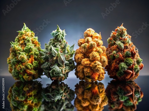 Four Packages of Cannabis Buds on Gray Background - High Dynamic Range Photography