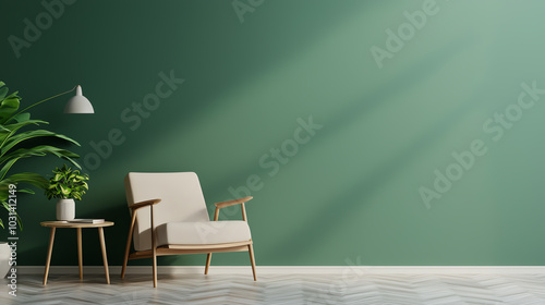 Cozy chair with green wall, indoor setting photo