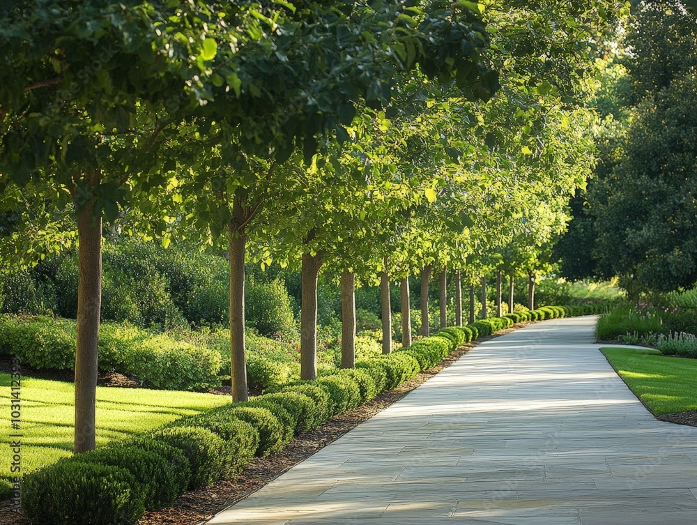 A row of ornamental trees lining a garden path, each tree showcasing unique and decorative features A row of ornamental trees lining a garden path, each tree showcasing unique and decorative features