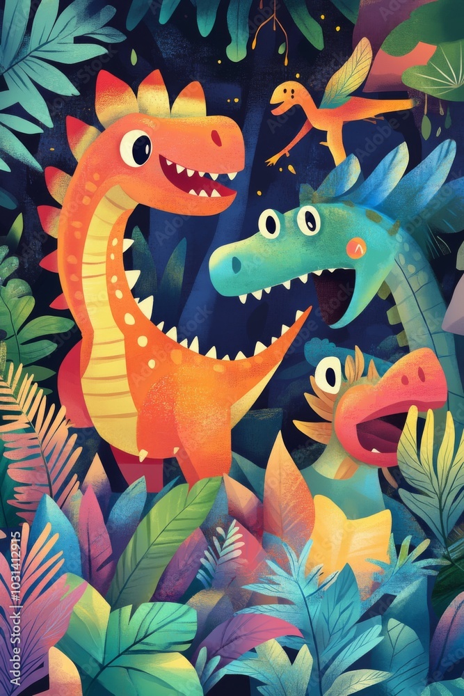 Obraz premium Whimsical Cartoon Dragon and Dinosaur Friends Banner for Kids' Spaces