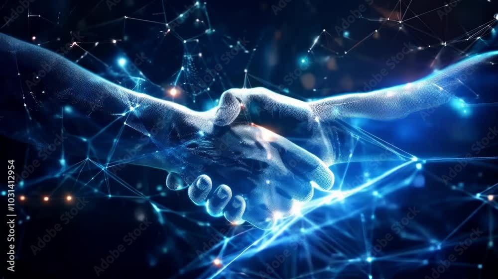 3D Digital Handshake on Dark Background. Futuristic Office Collaboration and Partnership Concept 3D Digital Handshake on Dark Background. Futuristic Office Collaboration and Partnership Concept
