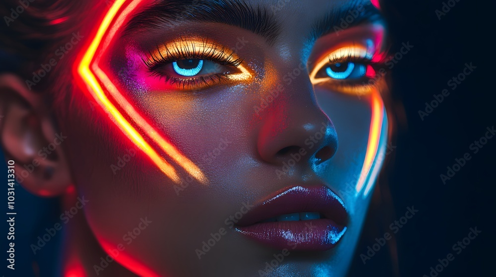 A striking portrait featuring a model with luminous, neon-enhanced features, showcasing vibrant colors and a captivating gaze. A striking portrait featuring a model with luminous, neon-enhanced features, showcasing vibrant colors and a captivating gaze.