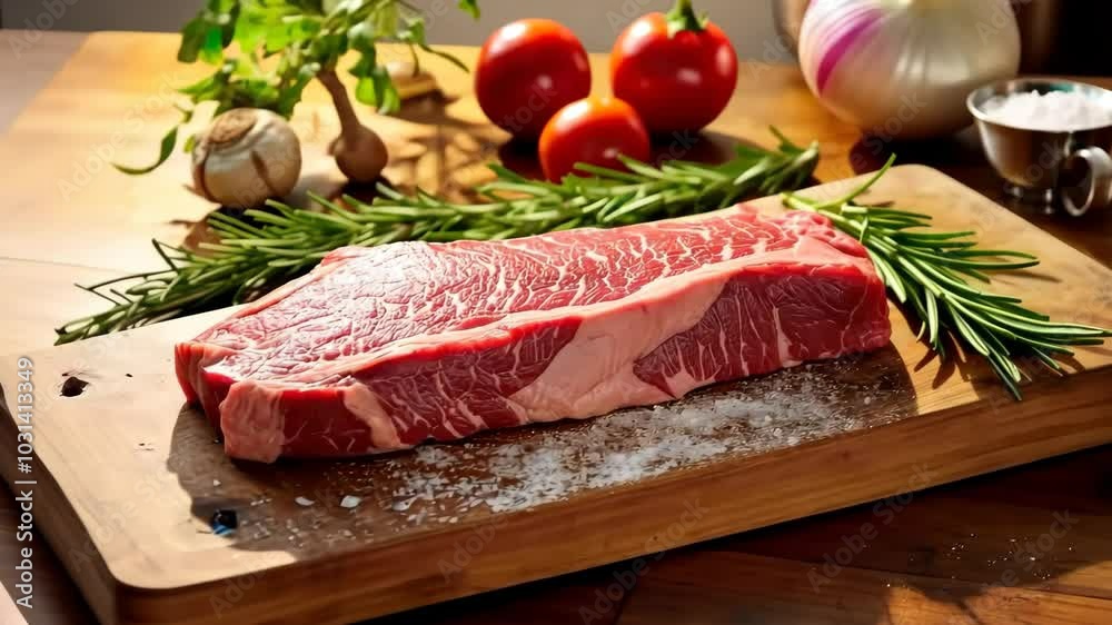 A fresh beef cut is showcased on a wooden board with onions, tomatoes, and herbs in a sunny kitchen A fresh beef cut is showcased on a wooden board with onions, tomatoes, and herbs in a sunny kitchen