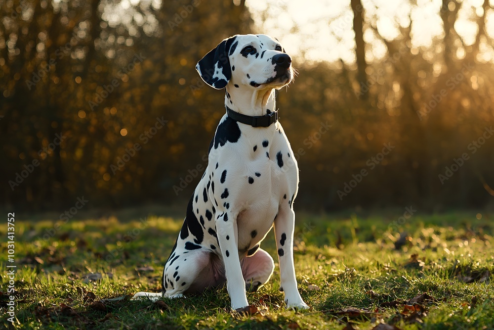 A striking Dalmatian sits alertly in a sunlit field, showcasing its distinctive black spots against a natural backdrop.