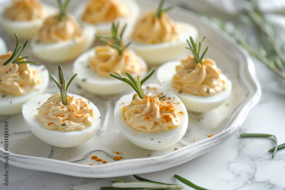 Classic deviled eggs appetizer topped with fresh rosemary for a unique touch Classic deviled eggs appetizer topped with fresh rosemary for a unique touch
