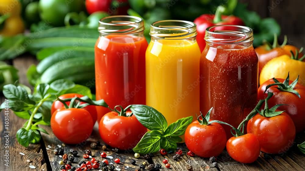 Colorful tomatoes and fresh juices create a summer vibe on a rustic wooden table outdoors