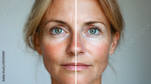 Aging woman with tired complexion, sun-damaged skin rejuvenating into smooth, youthful, even-toned skin, radiating vitality and renewed energy photo