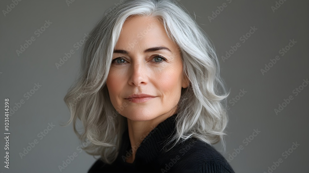 A senior woman with visible aging features like loose skin and posture shifts, morphing into a toned, youthful figure in minimalistic clothing