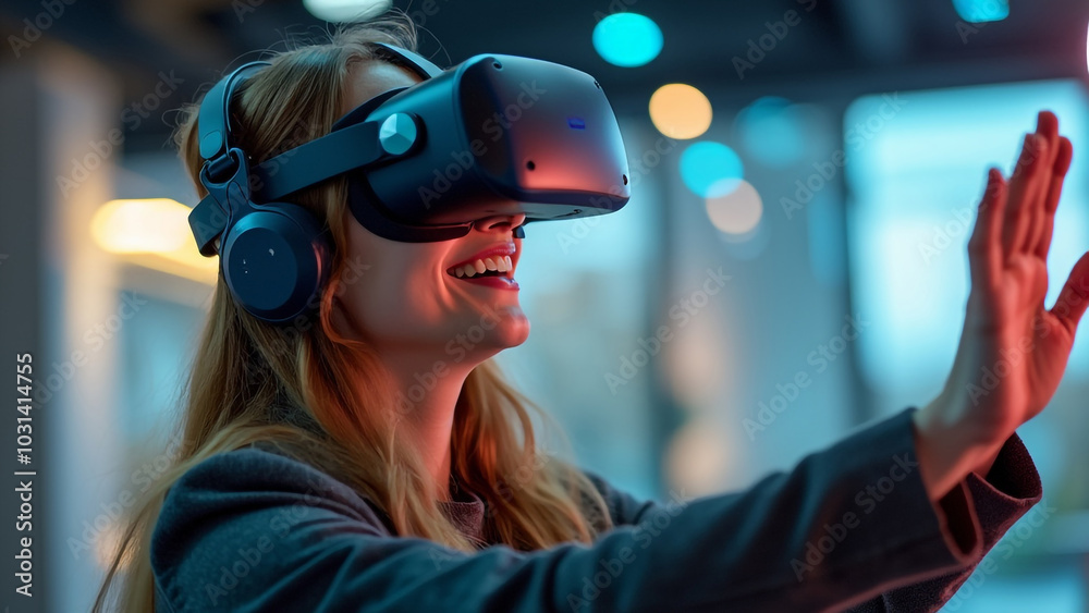 A woman wearing a virtual reality headset with a pair of virtual reality glasses. A woman wearing a virtual reality headset with a pair of virtual reality glasses.