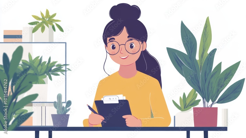 Woman with Glasses Sitting at a Desk, Writing on a Clipboard, Surrounded by Plants Woman with Glasses Sitting at a Desk, Writing on a Clipboard, Surrounded by Plants