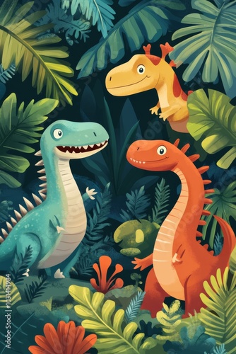 colorful illustration of dinosaur in the forest, cartoon dinosaur for advertising needs or children's theme posters