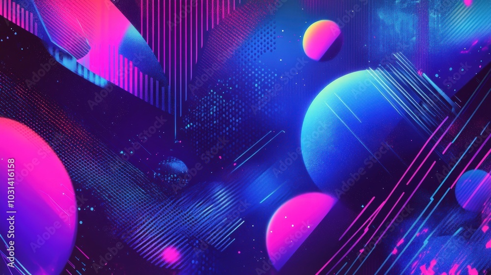 Obraz premium Abstract Neon Geometric Design with Planets and Stars