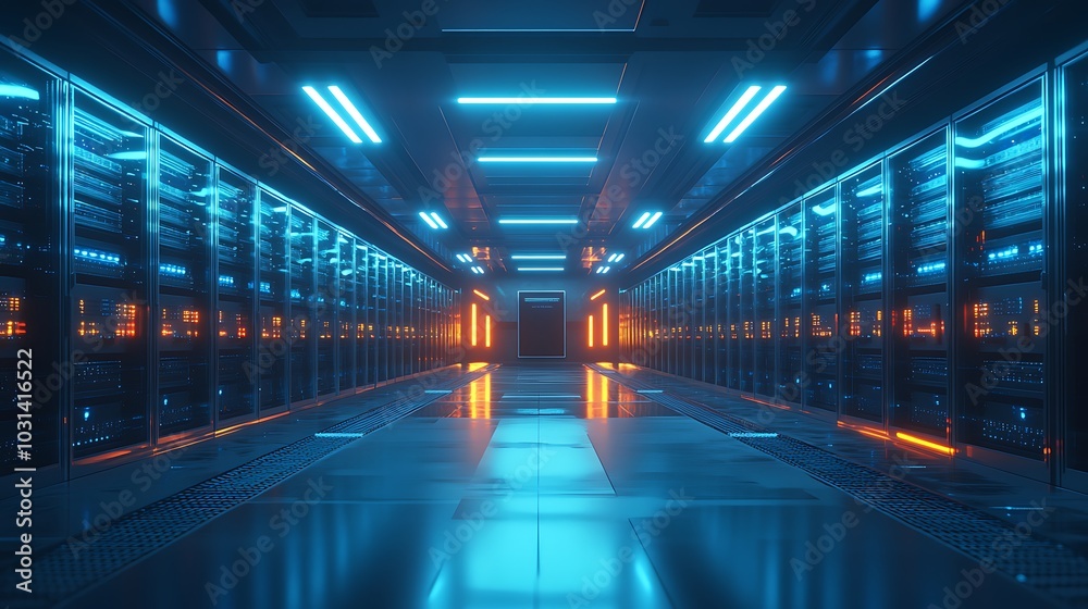 A modern data center with holographic data streams connecting server racks, glowing with neon blue lights against a dark, sleek background. A modern data center with holographic data streams connecting server racks, glowing with neon blue lights against a dark, sleek background.