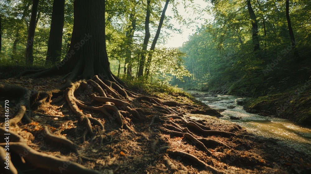 Fototapeta premium A sprawling tree root system spreading out across the forest floor, exposed by erosion