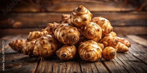 Fresh Organic Jerusalem Artichokes on Rustic Wooden Background - Healthy Eating Concept