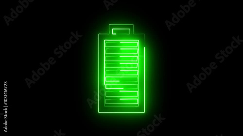 Neon battery charging icon animation.Neon battery fast charging. the neon battery charging on the black screen background