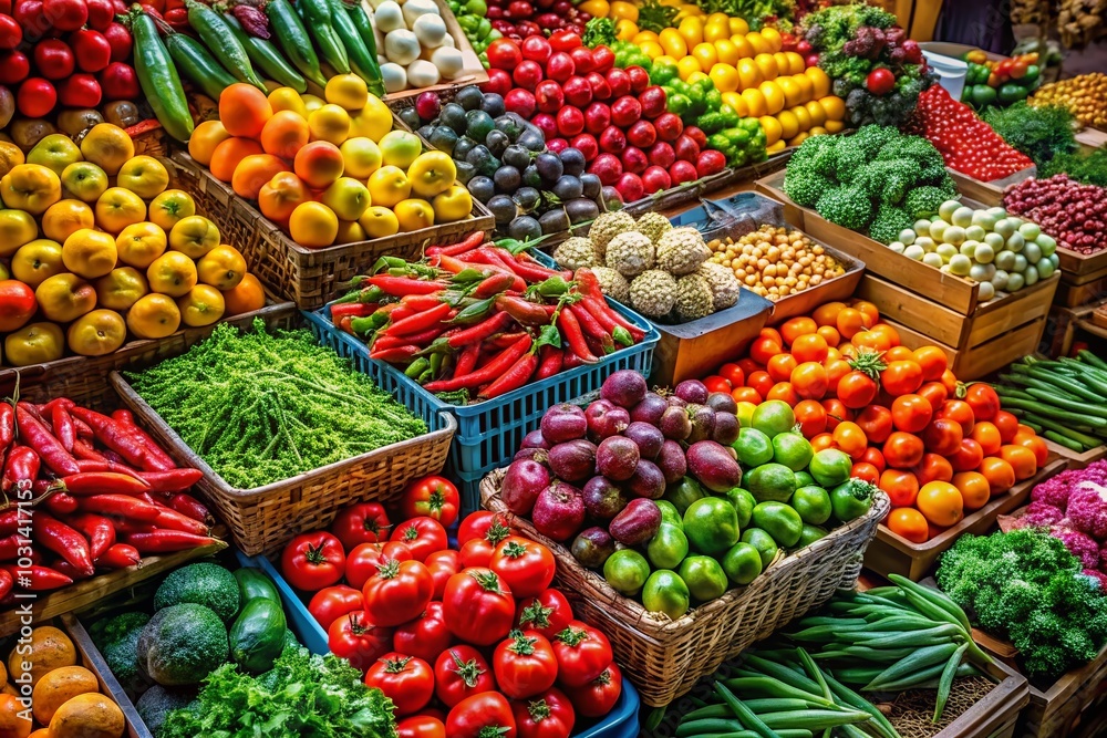 Fresh Produce Display at Grocery Store: Vibrant Fruits and Vegetables for Sale Fresh Produce Display at Grocery Store: Vibrant Fruits and Vegetables for Sale