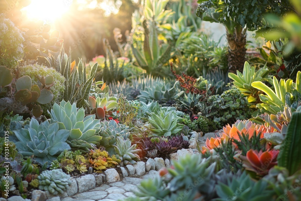 A succulent garden with a variety of species, thriving in the sunlight A succulent garden with a variety of species, thriving in the sunlight
