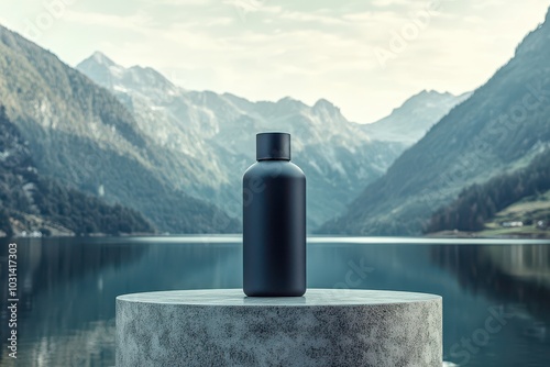 Black Bottle Mockup on Mountain Lake. photo