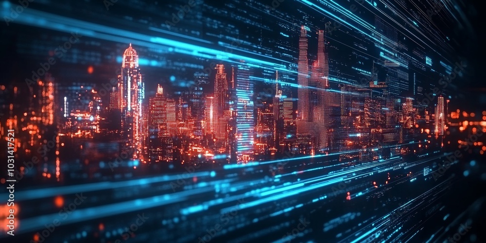 Fototapeta premium A night city surrounded by an abstract gradient blue and red glowing light trail, a smart city utilizing big data technology