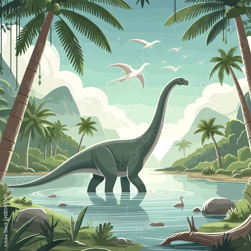 A large dinosaur is walking through a lush jungle HABITATE