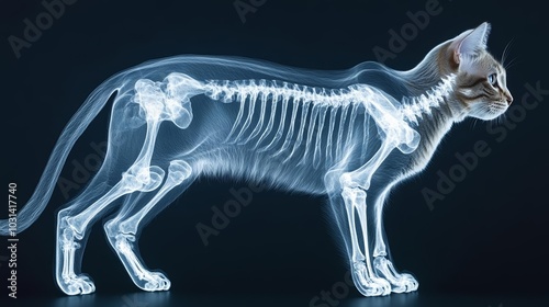 Detailed X-ray image of a cat, highlighting the skeletal structure and veterinary diagnostic technology, set against a dark background, Cat X-ray, Veterinary Science