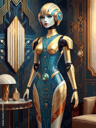 Beautiful Art Deco pattern Female Robot in a futuristic art deco living room at dawn