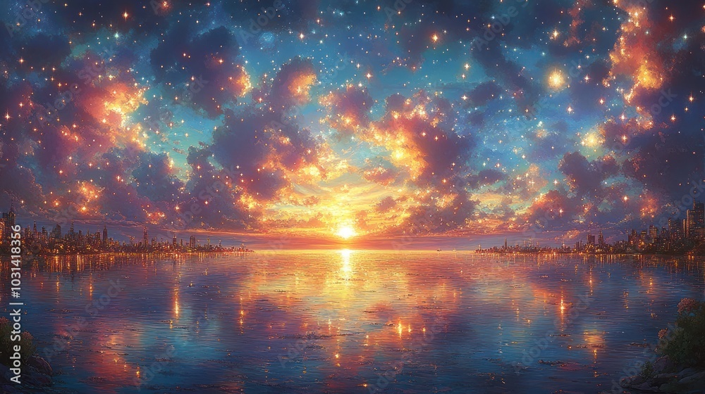 Fototapeta premium A vibrant sunset over a tranquil lake with starry skies.