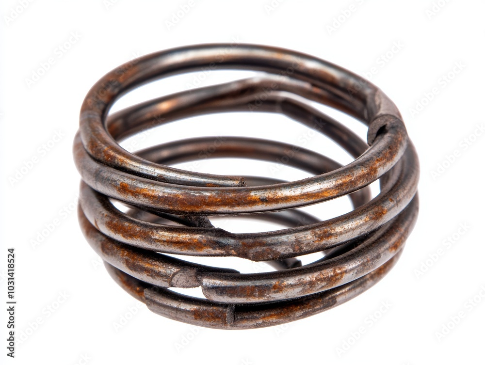 A coiled metal spring with intricate loops, isolated on a white background