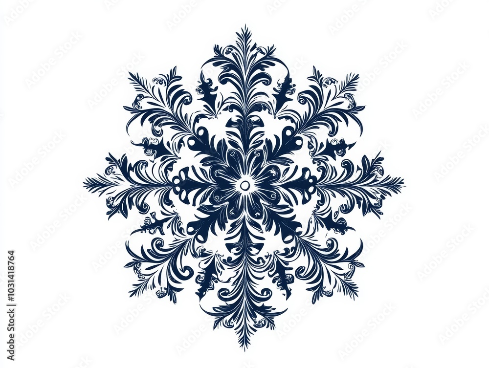 A detailed snowflake with symmetrical patterns, isolated on a white background A detailed snowflake with symmetrical patterns, isolated on a white background
