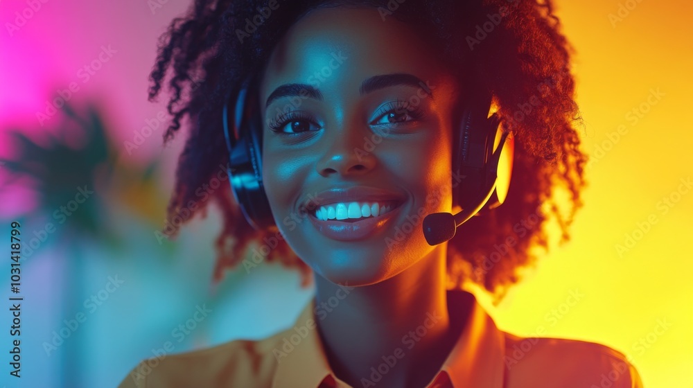 A Smiling Woman Wearing Headphones and a Headset in Neon Lighting A Smiling Woman Wearing Headphones and a Headset in Neon Lighting