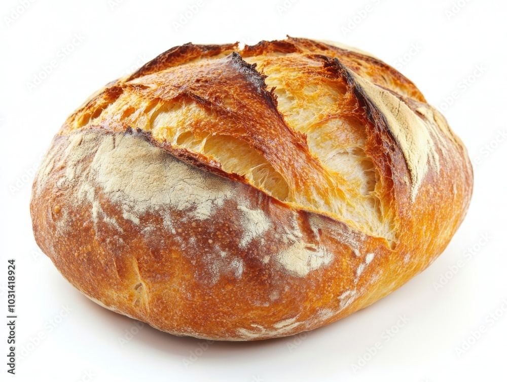 A freshly baked loaf of bread with a golden crust, isolated on a white background A freshly baked loaf of bread with a golden crust, isolated on a white background
