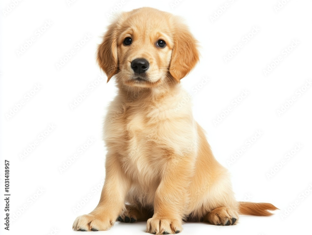 A golden retriever puppy sitting, isolated on a white background A golden retriever puppy sitting, isolated on a white background