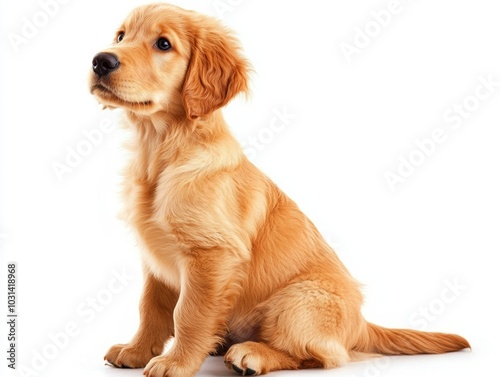 A golden retriever puppy sitting, isolated on a white background