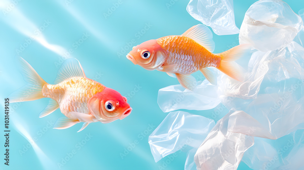 Fototapeta premium Plastic bags float amidst vibrant fish in the ocean, the devastating impact of pollution on marine wildlife and ecosystems, the urgent need for marine conservation and environmental action.