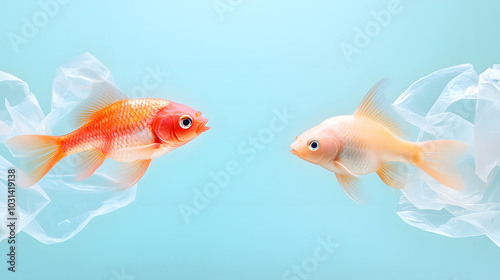 Plastic bags float amidst vibrant fish in the ocean, the devastating impact of pollution on marine wildlife and ecosystems, the urgent need for marine conservation and environmental action.