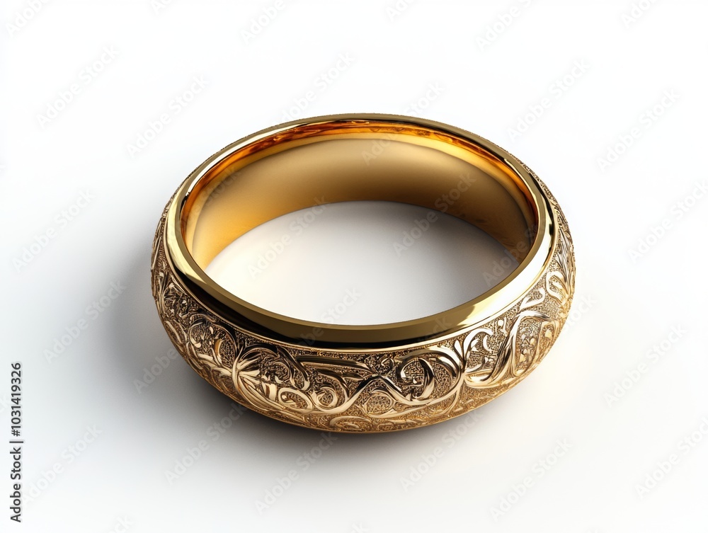 A shiny golden ring with intricate engravings, isolated on a white background A shiny golden ring with intricate engravings, isolated on a white background