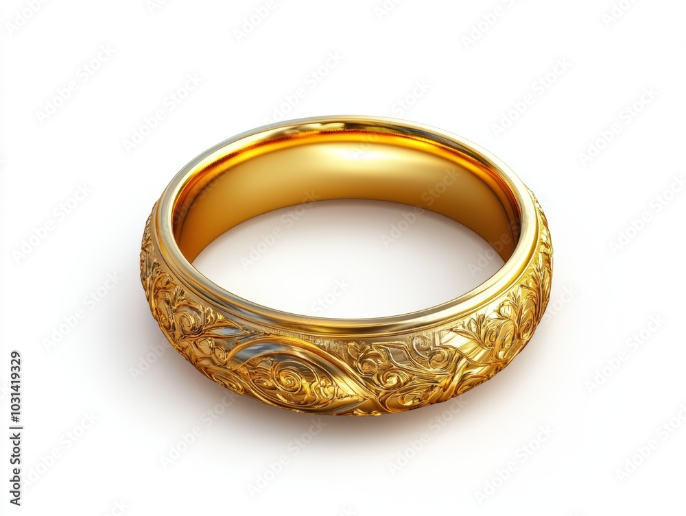 A shiny golden ring with intricate engravings, isolated on a white background A shiny golden ring with intricate engravings, isolated on a white background