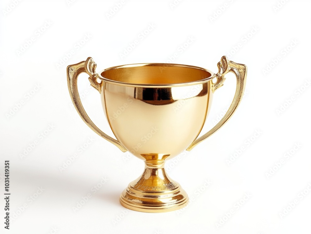 A shiny golden trophy cup with elegant handles, isolated on a white background